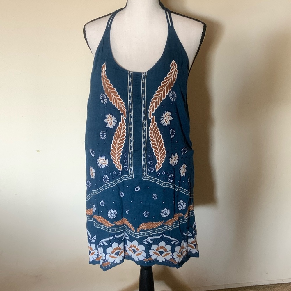 O’Neill halter dress with embroidered detail size medium blue and brown